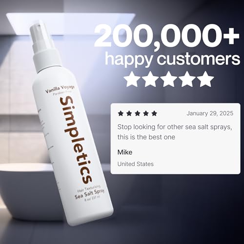 Simpletics Himalayan Sea Salt Hair Spray (Vanilla Scent) ? Natural 5-Ingredient Formula for Beach Waves & Volume ? Light Hold, Non-Greasy, Paraben & Sulfate Free ? Unisex 8 fl oz