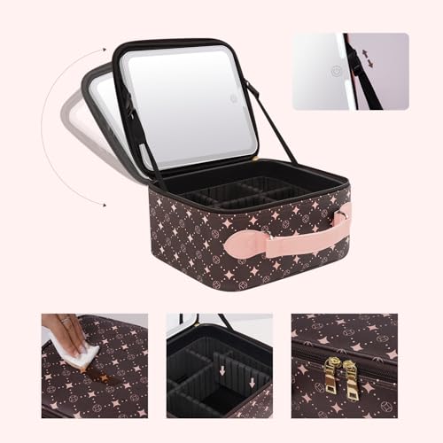 Travel Makeup Bag With 360¡Æ rotating LED Mirror,Waterproof cosmetic organizer,Portability Cosmetic case,Makeup organizer,Gift for Women,Girls Gift (Coffee + Pink)