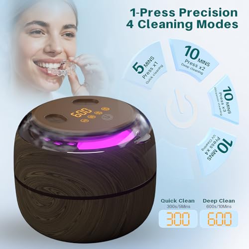 Voraiya Dental Ultrasonic Retainer Cleaner Machine, 45kHz Denture Cleaning Pod with 4 Modes Digital Timer for Aligner, Mouth Night Guard, Braces, Toothbrush, Jewelry, Ring