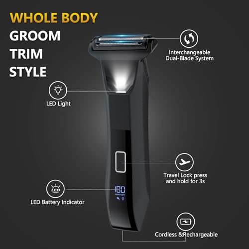 Manscaper Trimmer for Men, 2-in-1 Ball & Body Hair Groomer - Pubic & Groin Hair Shaver with Dual-Head, No-Nick Shaving, Smooth Grooming - Lightweight, Travel Lock, IPX7 Waterproof & LED Display