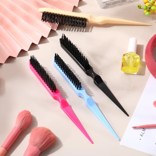 Yaomiao 6 Pcs Teasing Brush for Fine Hair Nylon Rat Tail Brush Set Women Three Row Salon Teasing Set for Back Combing, Root Hair Scalp Massage(Black, Blue, Rose Red, Yellow)