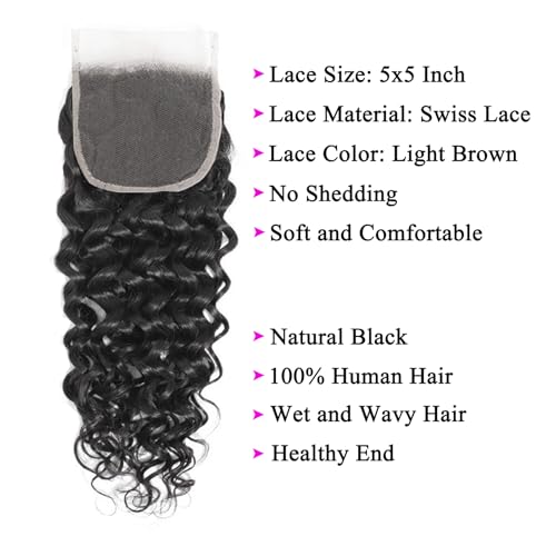 Water Wave Bundles with Closure Human Hair Wet and Wavy 22 24 26 inch 100% Unprocessed Virgin Human Hair Bundles with 18 inch Closure 5x5 Lace Free Part