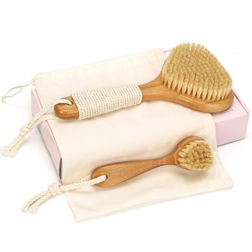 Bamboo Dry Brushing Set with Body and Face Brush, Dry Scrub Brush with Exfoliating Natural Boar Bristle for Lymphatic Drainage, Cellulite Reduction, Blood Circulation and Glowing Skin, 2 Pack