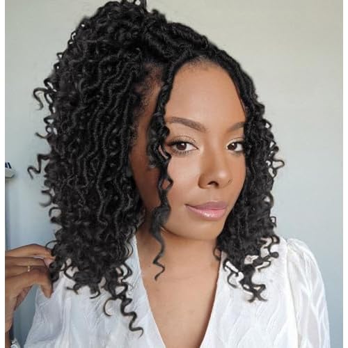 ZRQ 10 Inch Goddess Locs Crochet Hair Short Faux Locs Crochet Braids, 8 Packs Hippie Locs Croceht Hair Pre Looped River Locs With Curly Ends Bohemian Soft Locs Hair Extension 1B#
