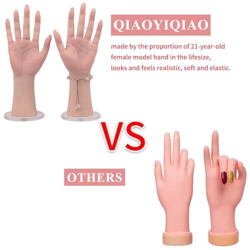 Silicone Realistic Female Hand Acrylic Nails Pratice Training For Nail Art Showing Jewelry Life Size Female Model Flexible Bendable (Pair Hand-With Skeleton, Ivory)
