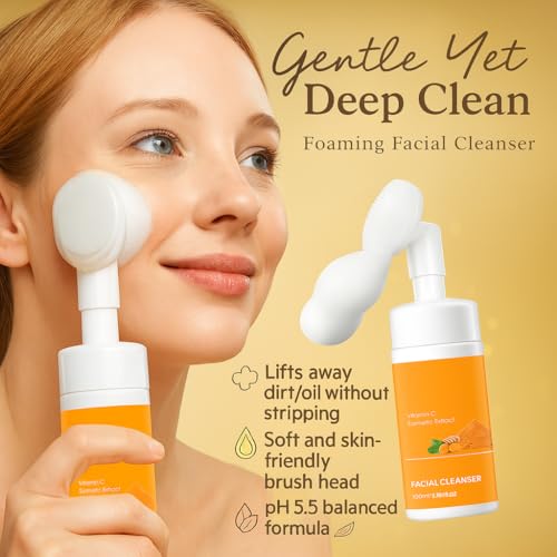 Turmeric Wash and Care 2 Piece Set ? 2 bottles turmeric face wash with brush + 3 Pack Cleansing Soap Bars for Face and Body, Turmeric Face Wash and Soap Combo for All Skin Types