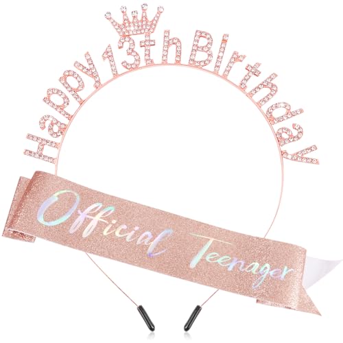 13th Birthday Decorations for Girls Official Teenager Sash 13 Year Old Tiara Crown Headbands Thirteen Hair Band Happy 13th Birthday Gifts for Girls Rose Gold