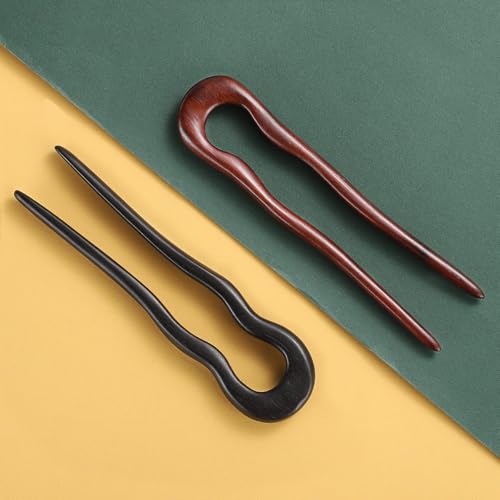 Noverlife 2PCS Wooden U Shaped Hairpins for Long Hair, Handmade French Hair Stick Vintage 2-Prong Wave Hair Forks, Ebony Sandalwood Hair Chopsticks Elegant Chignon Pins for Women Bun Updo Hairstyle