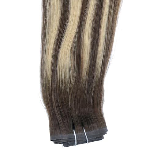 Seamless Clip in Hair Extensions Remy Human Hair, 20 Inch 120G, Rooted Chocolate Brown Base Mixed with Caramel Blonde, Balayage Invisible PU Clip In Hair, Skin Weft Human Hair Extensions