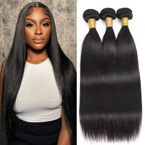 Human Hair Bundles Straight 3 Bundles 24 26 28 Inch 12A Grade 100% Unprocessed Brazilian Virgin Human Hair Bundle Double Weft Human Hair Extensions Natural Black Color
