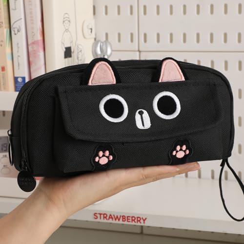 Kitty Cat Pencil/Pen Pouch 4-Layers Extra Capacity Cosmetic Organizer Pen Brush Holder Mesh Pockets (4 Layers - Black)