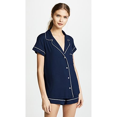 Eberjey Gisele Classic Women's Pajama Set | Short Sleeve Button Down Shirt w Front Pocket, Shorts w Elastic Waist Navy/Ivory