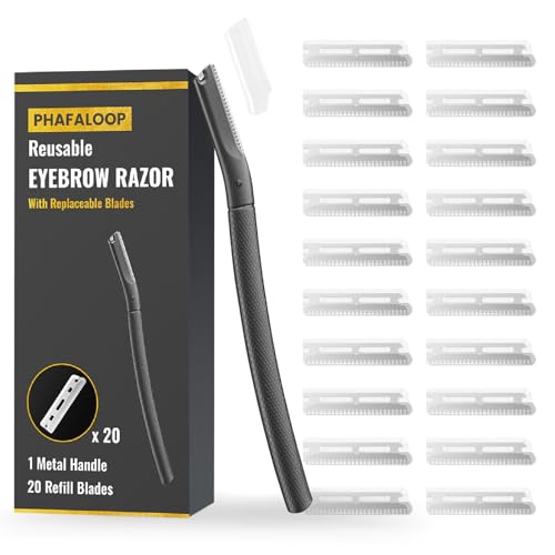 Facial Razor for Women with 20 Refill Blades, Eyebrow Razor and Dermaplaning Tool for Face Exfoliation & Peach Fuzz Removal, Precision Eyebrow Trimmer with Reusable Metal Handle ? Black