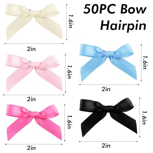 50Pcs Mini Hair Bows Clips for Women Girls Black Blue Hair Ribbon Clips Small Bowknot Barrettes White Pink Satin Cute Bow Hair Clip Metal Y2k Hair Accessories for Braids Teens Toddlers