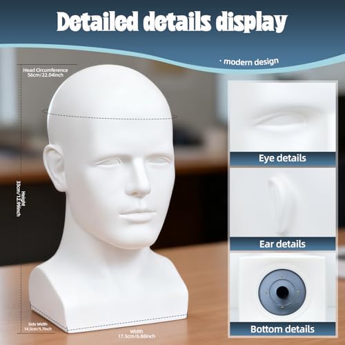 Male Mannequin Head, Metallic Gray Male Mannequin Head with Stand Professional Manikin Head, Bald Training Head for Display Wigs (Gray)