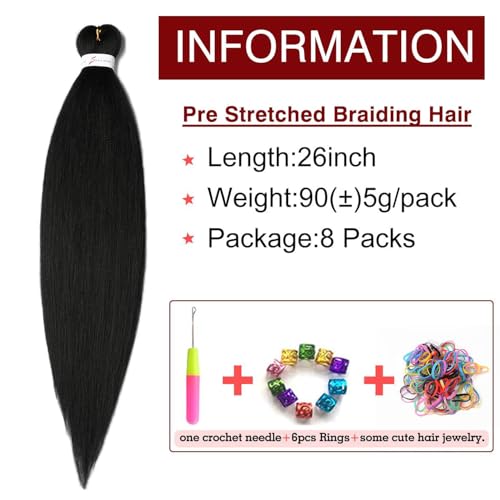 Braiding Hair Pre stretched Natural Black 26'' 8 Packs Long Braiding Hair, Natural Braid Crochet Hair Hot Water Setting Professional Soft Yaki Texture (26inch,1B#)