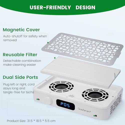 Quaferen Nail Dust Collector: Professional Dual Turbo Nail Vacuum Dust Collector with 5 Speed Powerful Dust Suction LED Display Reusable Filter for Acrylic Nail Polishing, Salon & Home
