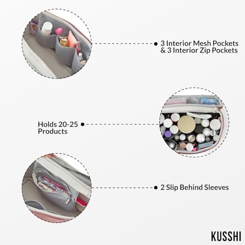 KUSSHI Neoprene Train Case Makeup Bag - Washable Makeup Travel Bag & Vanity Case for Stress Free Travel (Large, Mauve/Stone)