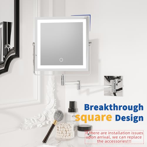 Ruacq Rechargeable Wall Mounted Makeup Mirror with Lights, Double Sided 1X/7X Magnifying Vanity Mirror with 3 Color Lighting, Touch Screen Dimmable, 360¡Æ Rotation Extension Foldable Arm(Chrome)