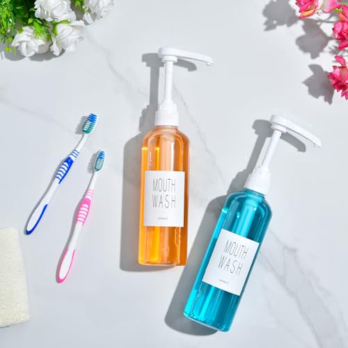 VITVITI Plastic Mouthwash Dispenser for Bathroom, 17 OZ Pump Mouth Wash Container Bottle with Cup, Clear Refillable Mouthwash Dispenser with Labels