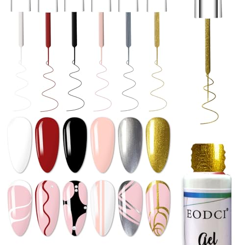Gel Liner Art Polish Set 10ml, 6 Colors Black White Red Pink Glitters Gold Silver, Nail Polish Paint Swirl Built Thin Brush in Bottle Soak off Uv Gel Nail Art Liner Set