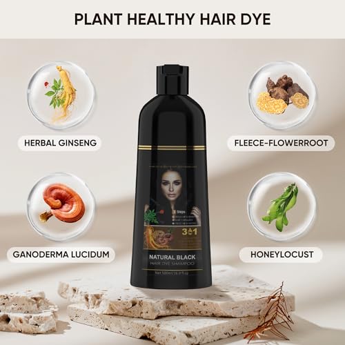 Hair Dye Shampoo for Gray Hair, 3 in 1 Herbal Ingredients Natural Dye for Women Men, Grey Coverage(500mL,17.6 Fl Oz) (Black)