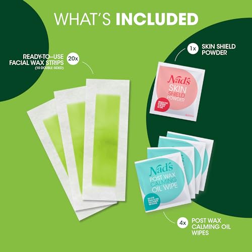 Nad's Facial Wax Strips - Hypoallergenic All Skin Types - Facial Hair Removal For Women - At Home Waxing Kit with 20 Face Wax Strips + 4 Calming Oil Wipes + Skin Protection Powder