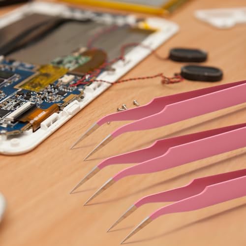 Honoson 9 Pieces Curved Pointed Craft Tweezers Stainless Steel Precision Tweezer with Protective Cover for Rhinestones Dried Flowers Craft Stickers Eyelash Extension Jewelry Making(Pink)