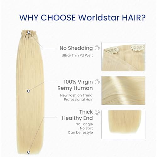 Worldstar Seamless Clip in Hair Extension Blond Invisible Hair Extensions Clip Ins #60 Platinum Blonde PU Weft Clip in Human Hair Extensions Add Volume Natural Ends 16 Inch 6 PCS 110 G (pu#60-16£©