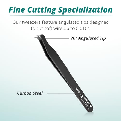 Excelta Precision Carbon Steel Tweezers, 70¡Æ Angulated Round Tip, Ideal for Soft Wire Cutting & Detailed Work, Epoxy Coating & Flame-Hardened Blades, 4.5" Length, Professional