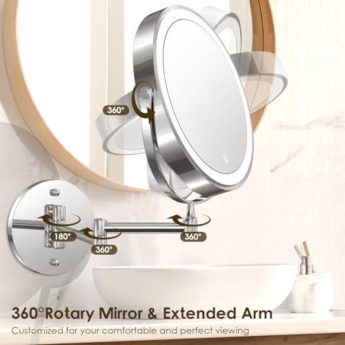 Wall Mounted Lighted Makeup Mirror, 8" Rechargeable Double-Sided Light up Magnifying Mirror 1x/10x, 3 Colors Led Vanity Mirror with Lights, Touch Dimmable 360¡Æ Rotation Foldable