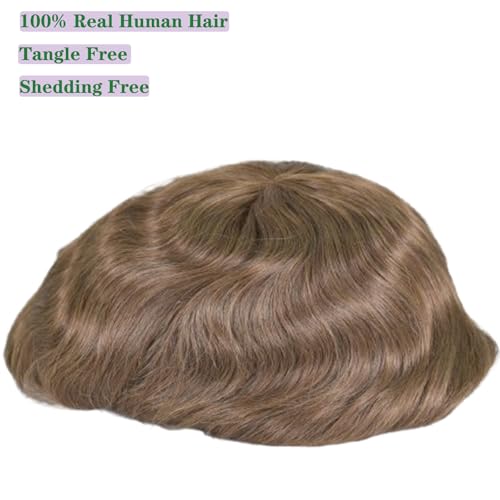 Men¡¯s Toupee 100% Human Hair French Lace Center PU Around Hair Replacement System for Men Natural Hairline 10x8Inches 6 Inch Hair Medium Density #7 Light Brown Color