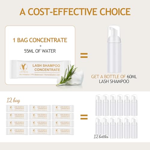 Lash Shampoo Concentrate Unscented Eyelash Cleanser Concentrate Pack 12 Bags Lash Wash Concentrate Foaming DIY Lash Foam Concentrate Eyelash Extensions Shampoo Travel Home Care Eyelash Supplies
