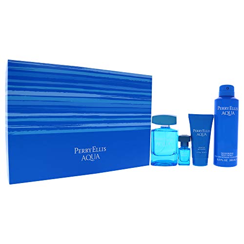 Perry Ellis Perry Ellis Aqua Men 3.4oz EDT Spray, 0.25oz EDT Spray, 6.8oz Deodorizing Body Spray, 1.7oz Shower Gel 4 Pc Gift Set