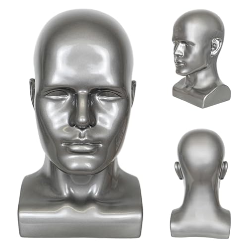 Male Mannequin Head, Metallic Gray Male Mannequin Head with Stand Professional Manikin Head, Bald Training Head for Display Wigs (Gray)