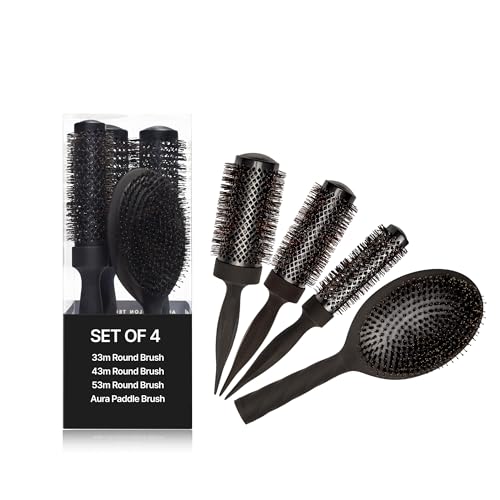COCCO Aura Brush Set, Ceramic Paddle & Round Hairbrushes for Women, Blow-Drying & Frizz Control, Tourmaline Bristles, Ergonomic Grip, Full Styling Set (Black)