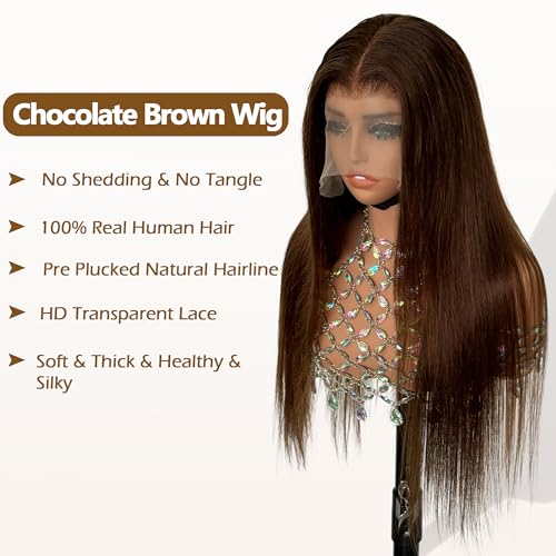 Brown Straight Lace Front Wigs Human Hair 180 Density Chocolate Brown Lace Front Wig Straight 12A 13x6 HD Transparent Full Lace Frontal Wigs Pre Plucked 26 Inch