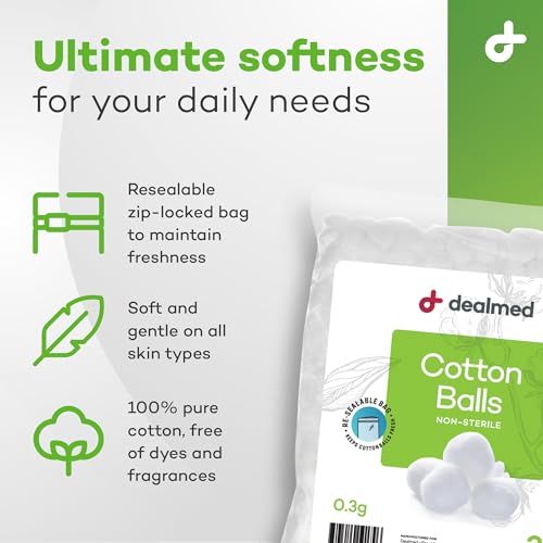 Dealmed Cotton Balls for Face, Makeup & Nail Polish Remover, Medical Uses, & DIY Crafts | Non-Sterile Bulk Pack | Resealable Zip-Locked Bag | 100% Pure Cotton - Soft, Absorbent, Gentle (500 per Bag)