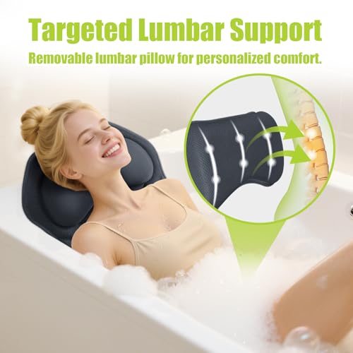 Full Body Bath Pillow for Tub - Extra Long & Thick Tub Pillow with Head, Back & Lumbar Support, 168 Non-Slip Suction Cups, Soft 5D Mesh Spa Cushion, Fits All Tubs-Gift for Soaking(Gray)