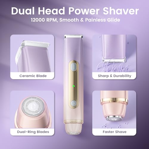 Bikini Trimmer for Women, 2-in-1 Electric Razor with Dual Heads, Ceramic Blade, Waterproof & Rechargeable, Painless Pubic Hair Shaver for Bikini, Underarm, Legs, Face ? PinkPurple
