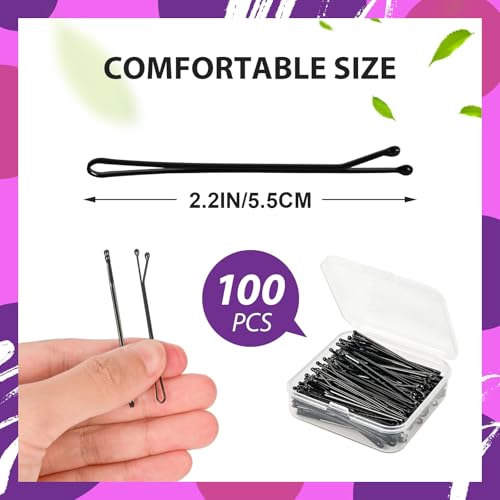 2.2 Inch Black Hair Bobby Pins Metal Clips Flat Straight Ball Tips Non-slip Decorative Long Short Women Girls Nickel Free Hairdressing Wedding Accessories with Case 100 PCS