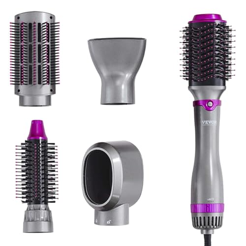 VEVOR Hair Air Styler and Dryer Brush, 5-in-1 Multi Hair Styler with 3 Brushes & 2 Nozzles, Ionic Blow Dryer Brush, Reduced Heat Damage, High-Speed Styling Tool for Volumizing Straightening Curling