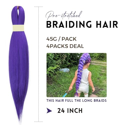 Kraler 4 packs 24 inch Synthetic Braiding Hair Extensions, Purple Pre-Stretched Braiding Hair for Girls for Box Braids, Halloween Cosplay Party