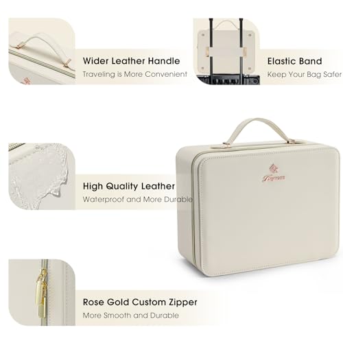 Leather Makeup Case with LED Lighted Mirror 11.4 Inch Travel Makeup Bag Adjustable Brightness in 3 Colors Cosmetic Organizer Artist Storage Bag with Dividers Brush Holder Bag Vanity White