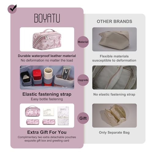 BOYATU Travel Makeup Bag for Women: Large Capacity Make up Bag with Compartments - Vegan Leather Cosmetic Bag set of 3 - Waterproof Toiletry Bag with Handle & Divider(E-1-Purple)