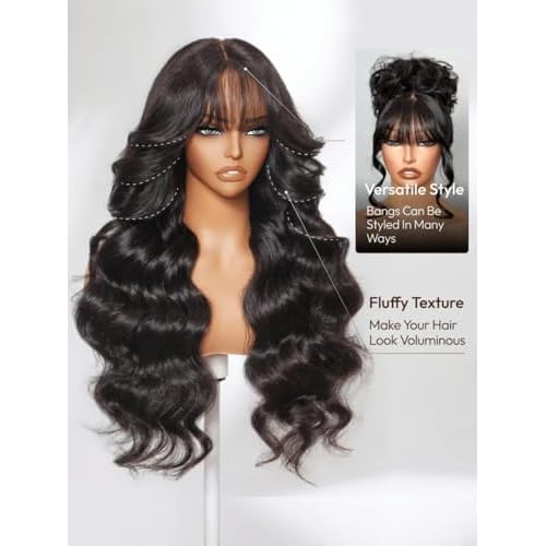 UNICE Loose Wave 7x5 Lace Front Wigs Human Hair with Curtain Bangs Bye Bye Knots Glueless Human Hair Wig Pre Plucked Pre Cut Bleached Knots Put on and Go Wig for Women 180% Density 18 Inch