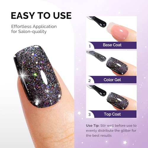 MelodySusie Galaliver Glitter Gel Nail Polish, 15ML Sparkly Shimmer Gel Polish Soak Off UV LED Cured Long Lasting Gift for Women DIY Nail Design Nail Art Manicure Colorful Black X10