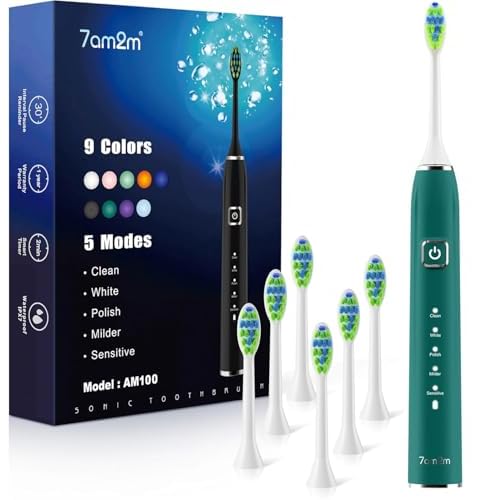 7AM2M Ultrasonic Electric Toothbrush with 6 Brush Heads for Adults&Kids, One Charge for 120 Days, Type-C Charge, 5 Modes, 40000VPM Powered Toothbrush, 2 Minutes Built in Smart Timer (Peacock Green)