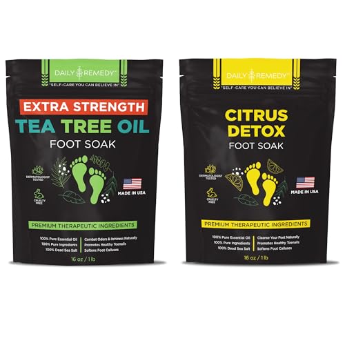 DAILY REMEDY EXTRA STRENGTH Tea Tree Oil & Citrus Detox Foot Soak Set - Made in USA - Soothes Sore Tired Feet, Athletes Foot, Stubborn Foot Odor, Softens Calluses & Refreshes & Detoxifies - Pack of 2