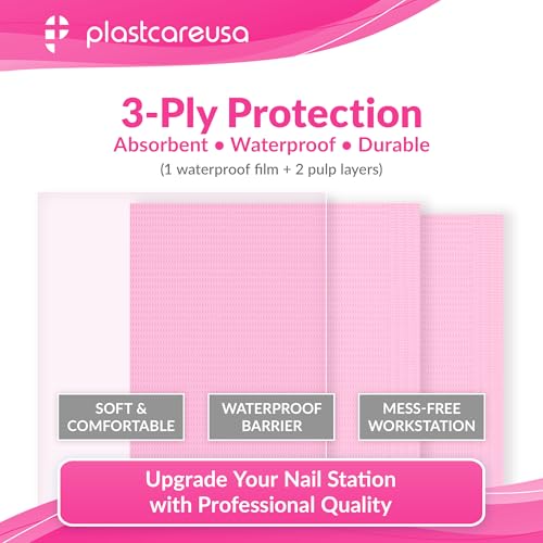 Disposable Nail Mats 50 Pcs - Salon Paper Towel and Table Cover for Nail Tech - 3 Ply Waterproof Manicure Prep Pads - Acrylic Art Supplies and Accessories (Pink)
